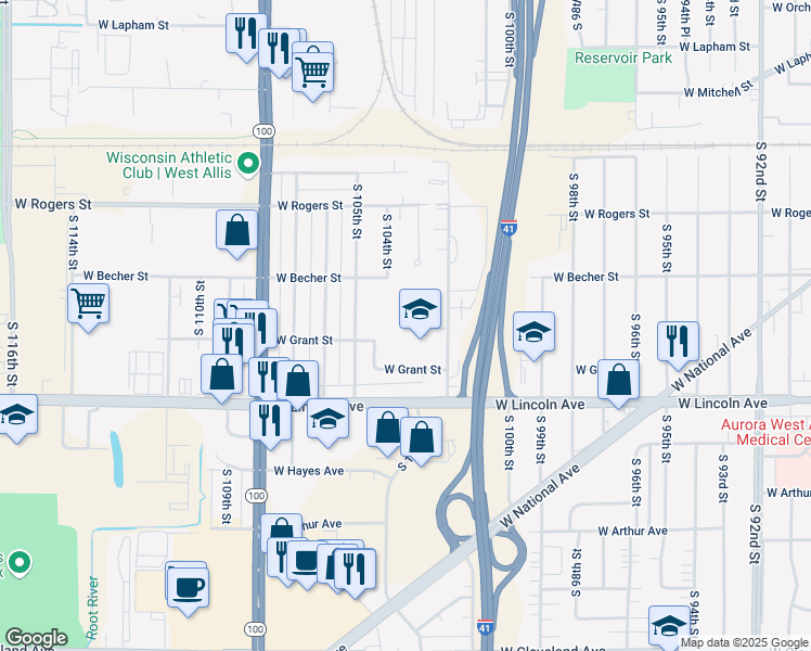 map of restaurants, bars, coffee shops, grocery stores, and more near 10230 West Grant Street in West Allis