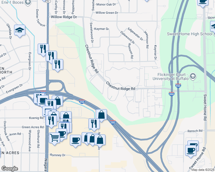 map of restaurants, bars, coffee shops, grocery stores, and more near 4393 Chestnut Ridge Road in Buffalo