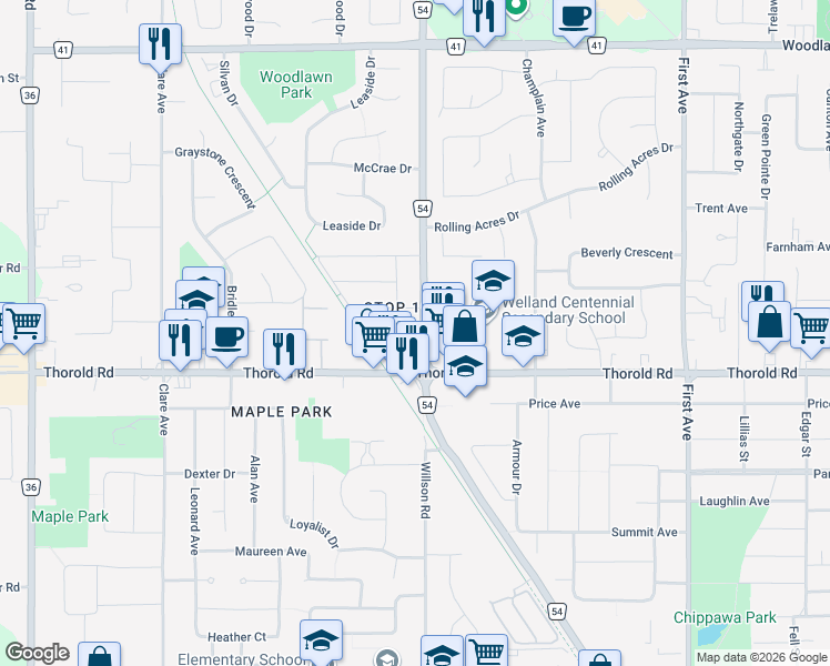 map of restaurants, bars, coffee shops, grocery stores, and more near in Welland