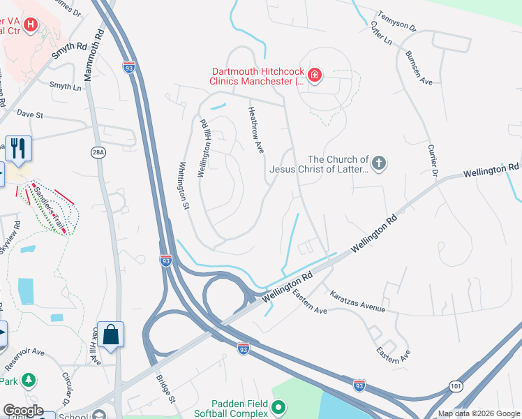 map of restaurants, bars, coffee shops, grocery stores, and more near 501 Wellington Hill Road in Manchester