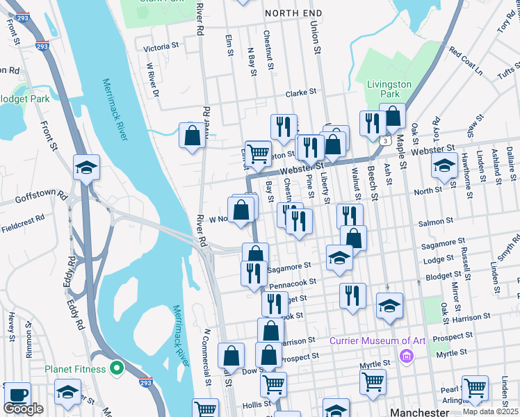 map of restaurants, bars, coffee shops, grocery stores, and more near 1799 Elm Street in Manchester