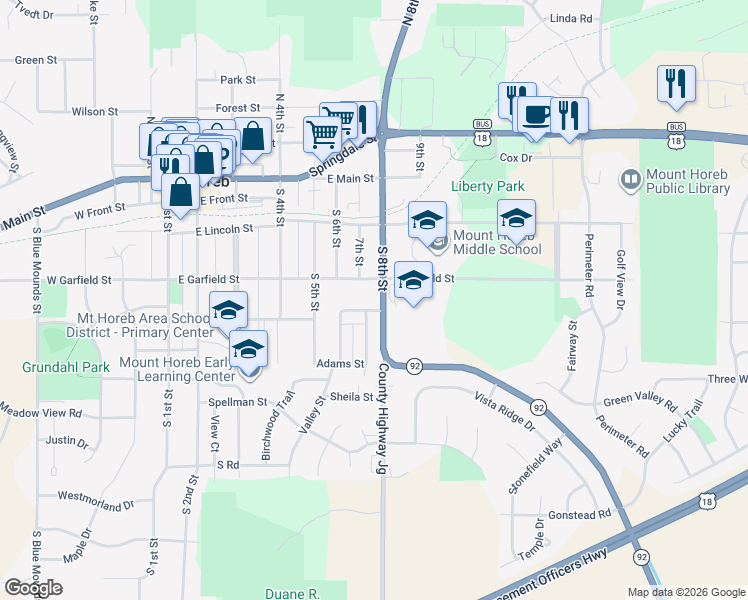 map of restaurants, bars, coffee shops, grocery stores, and more near 306 South 8th Street in Mount Horeb
