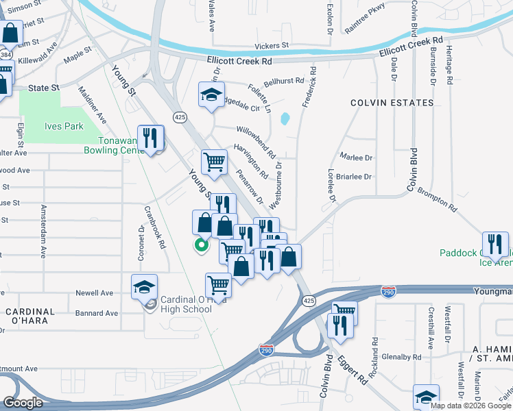 map of restaurants, bars, coffee shops, grocery stores, and more near 110 Penarrow Dr in Tonawanda