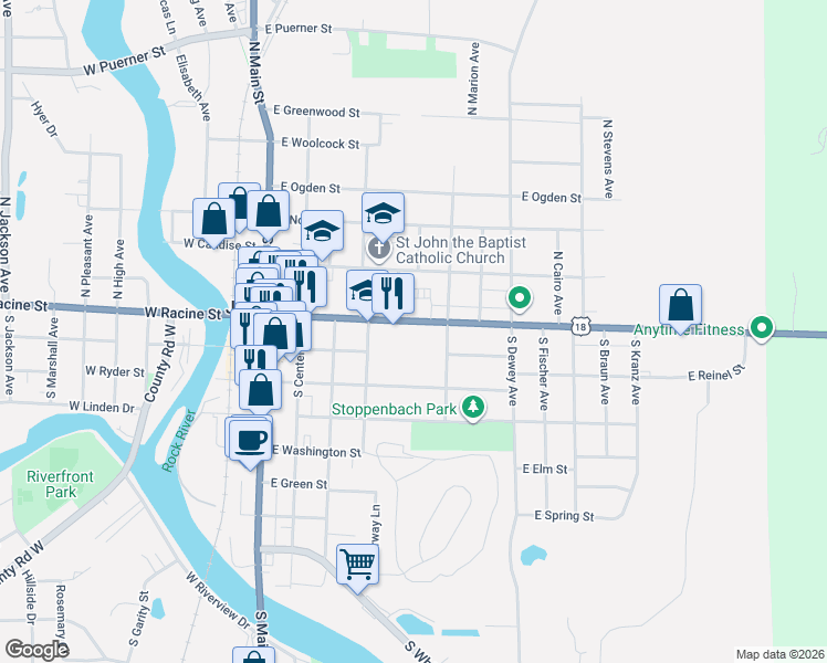 map of restaurants, bars, coffee shops, grocery stores, and more near 352 E Racine St in Jefferson