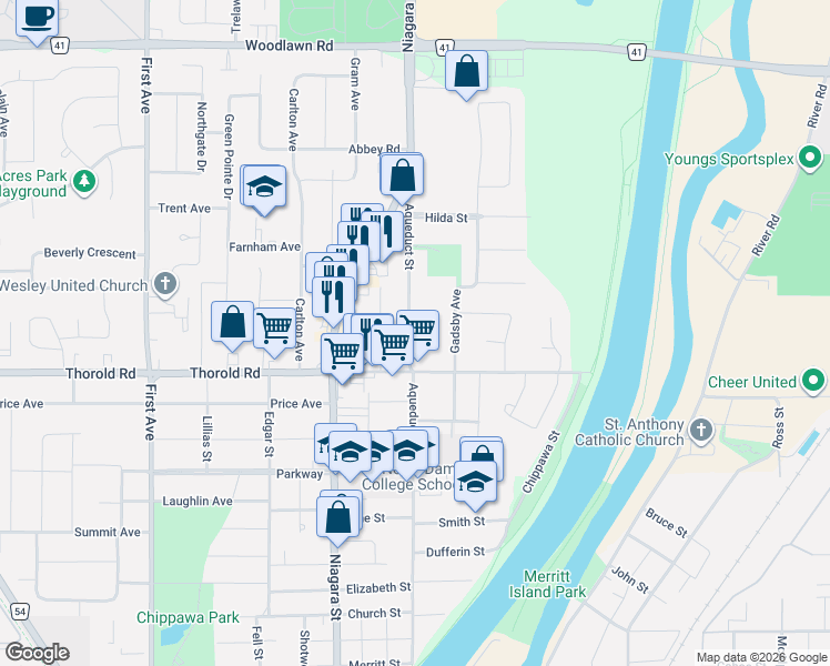map of restaurants, bars, coffee shops, grocery stores, and more near 318 Aqueduct Street in Welland
