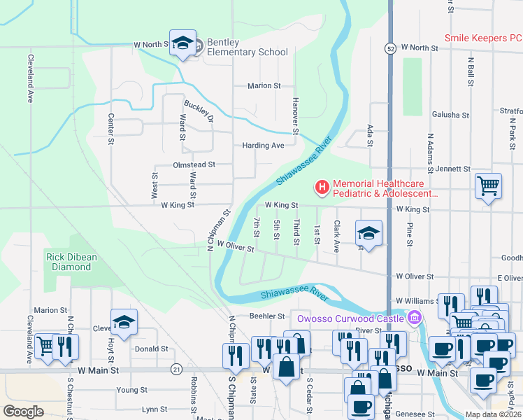 map of restaurants, bars, coffee shops, grocery stores, and more near 1111 West King Street in Owosso