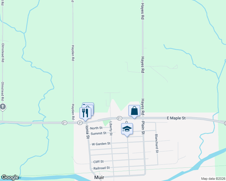 map of restaurants, bars, coffee shops, grocery stores, and more near 6829 Sydney Street in Muir