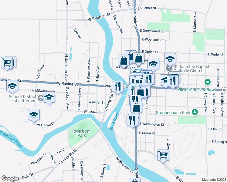 map of restaurants, bars, coffee shops, grocery stores, and more near 114 South Wisconsin Drive in Jefferson