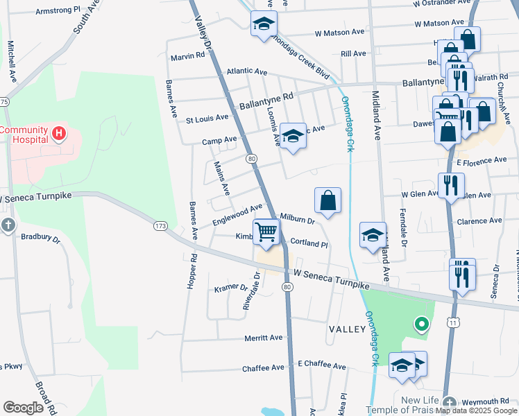 map of restaurants, bars, coffee shops, grocery stores, and more near 113 Englewood Avenue in Syracuse