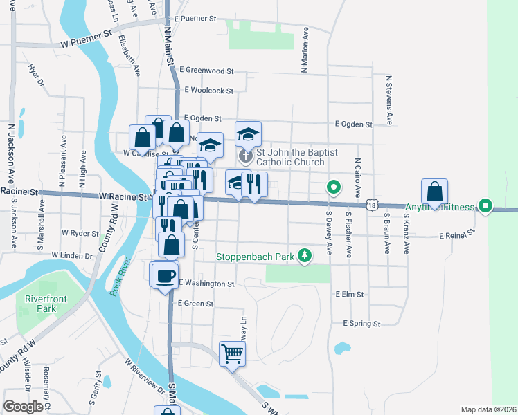 map of restaurants, bars, coffee shops, grocery stores, and more near 352 East Racine Street in Jefferson