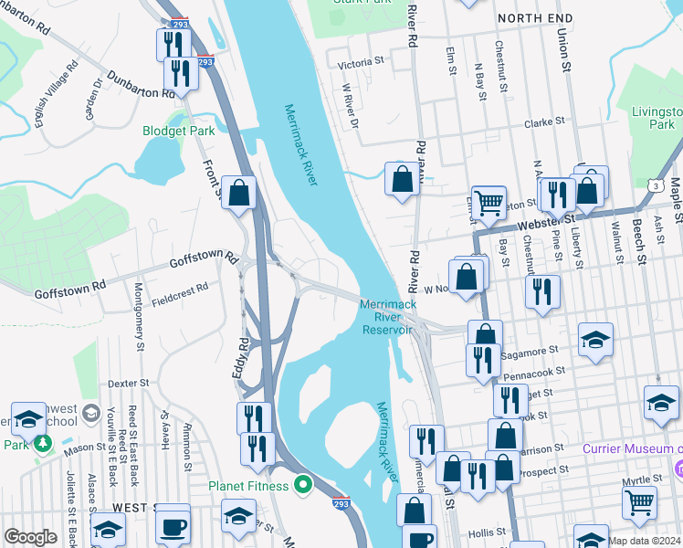 map of restaurants, bars, coffee shops, grocery stores, and more near 37 Amoskeag Street in Manchester