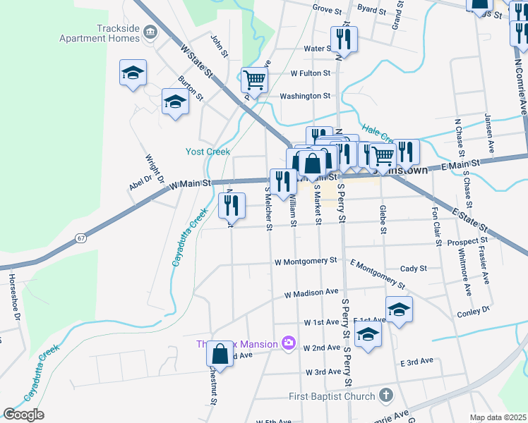 map of restaurants, bars, coffee shops, grocery stores, and more near 21 South Melcher Street in Johnstown