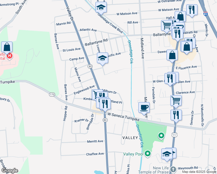 map of restaurants, bars, coffee shops, grocery stores, and more near 153 Milburn Drive in Syracuse