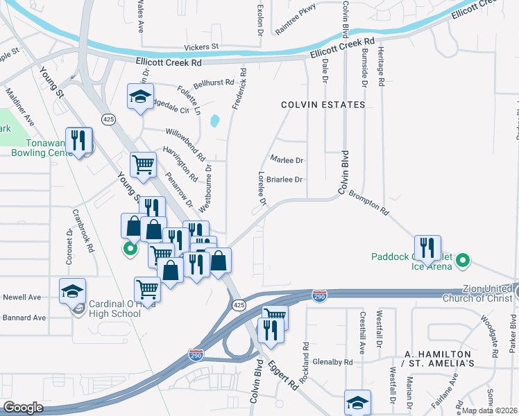 map of restaurants, bars, coffee shops, grocery stores, and more near 2460 Colvin Boulevard in Tonawanda