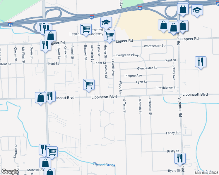 map of restaurants, bars, coffee shops, grocery stores, and more near 2030 South Averill Avenue in Flint