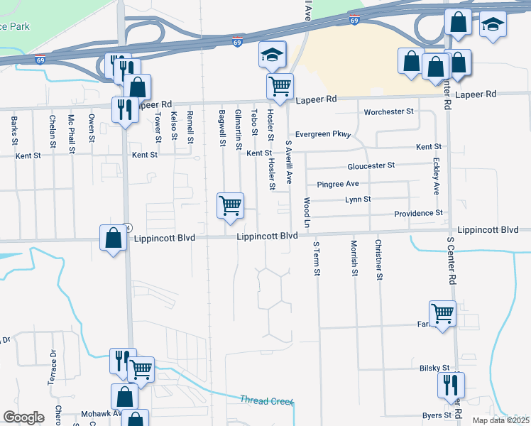 map of restaurants, bars, coffee shops, grocery stores, and more near 2025 Tebo Street in Flint