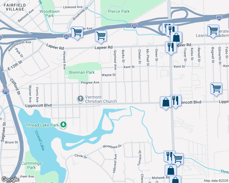 map of restaurants, bars, coffee shops, grocery stores, and more near 2021 McAvoy Street in Flint