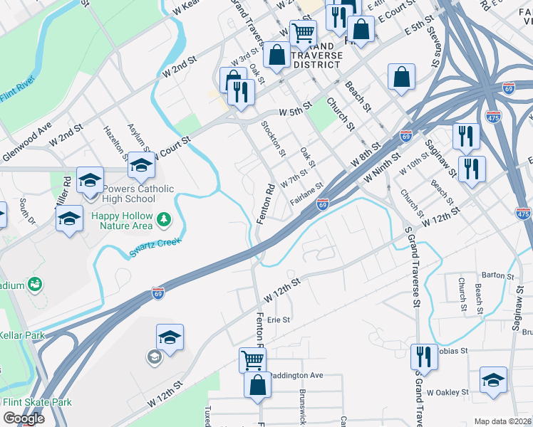 map of restaurants, bars, coffee shops, grocery stores, and more near 1207 Walker Street in Flint