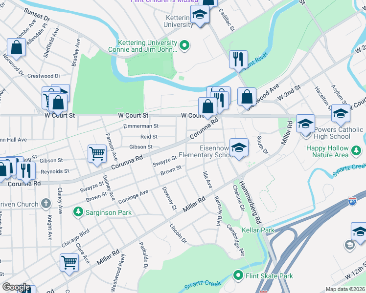 map of restaurants, bars, coffee shops, grocery stores, and more near 1101 Durand Street in Flint