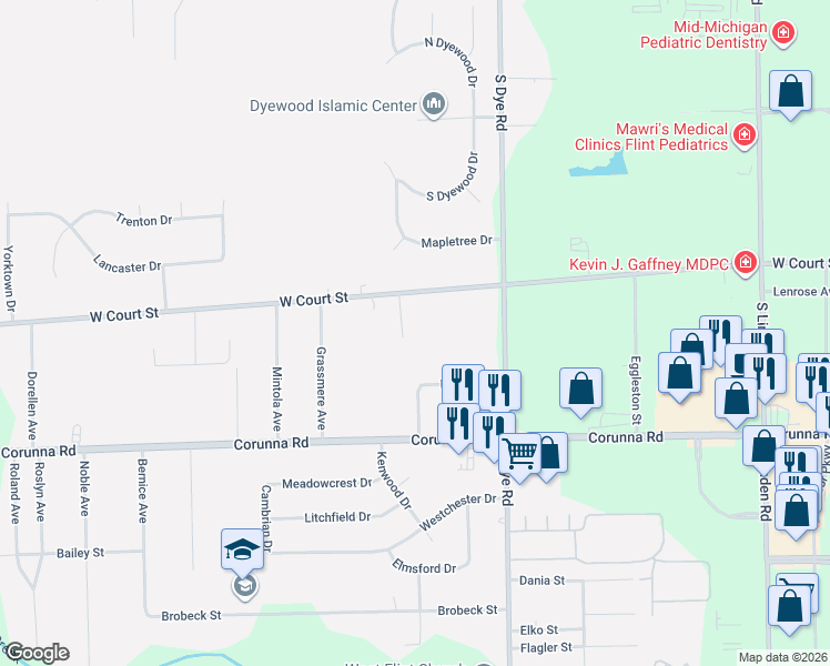 map of restaurants, bars, coffee shops, grocery stores, and more near 5351 West Court Street in Flint