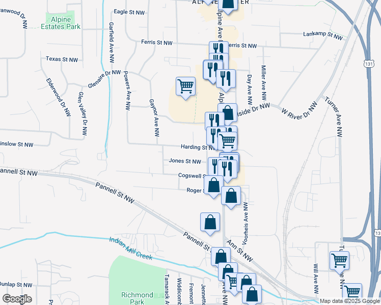 map of restaurants, bars, coffee shops, grocery stores, and more near 930 Harding Street Northwest in Grand Rapids