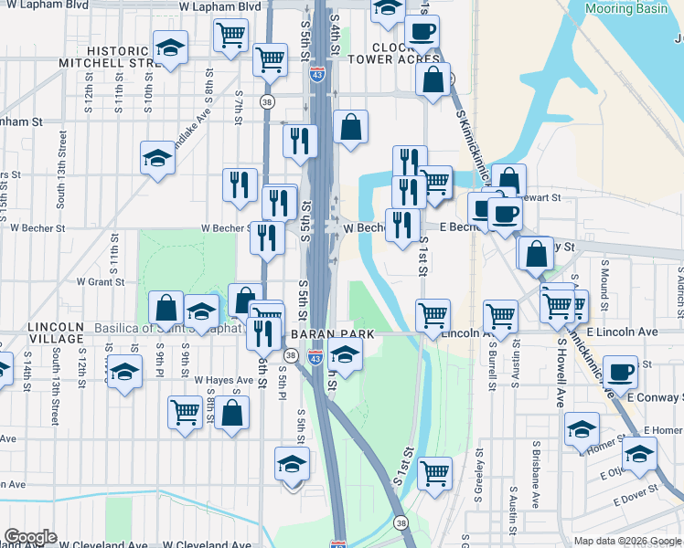 map of restaurants, bars, coffee shops, grocery stores, and more near 2166 South 4th Street in Milwaukee