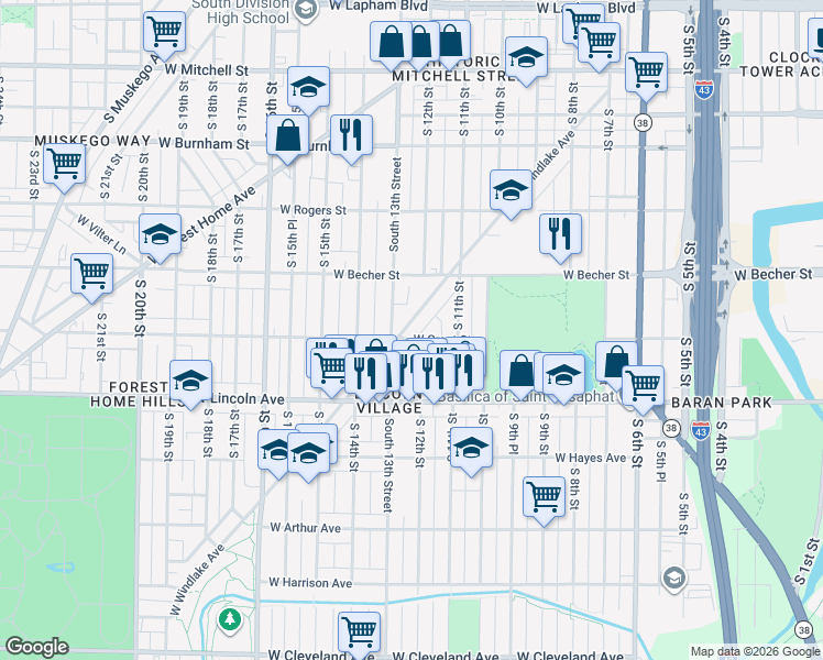 map of restaurants, bars, coffee shops, grocery stores, and more near 1134-1136 West Grant Street in Milwaukee