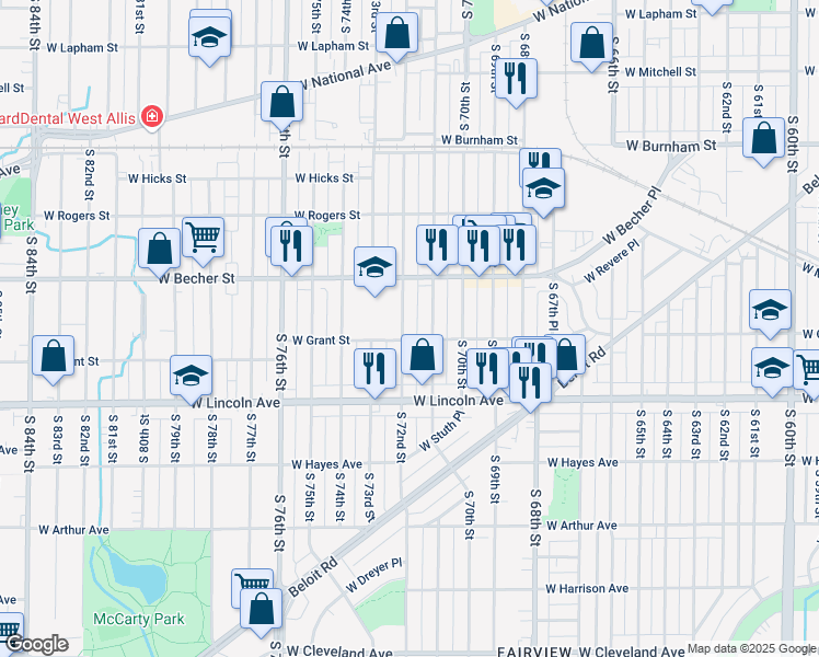 map of restaurants, bars, coffee shops, grocery stores, and more near 2159 South 71st Street in West Allis