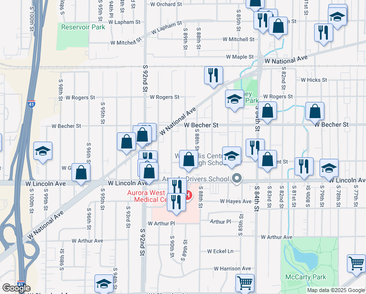 map of restaurants, bars, coffee shops, grocery stores, and more near 2146 South 90th Street in West Allis