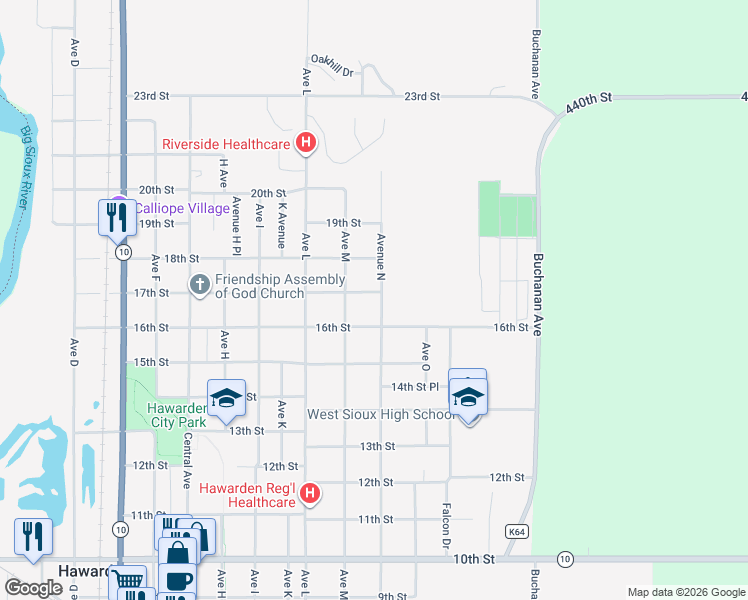 map of restaurants, bars, coffee shops, grocery stores, and more near 1601-1699 Avenue North in Hawarden