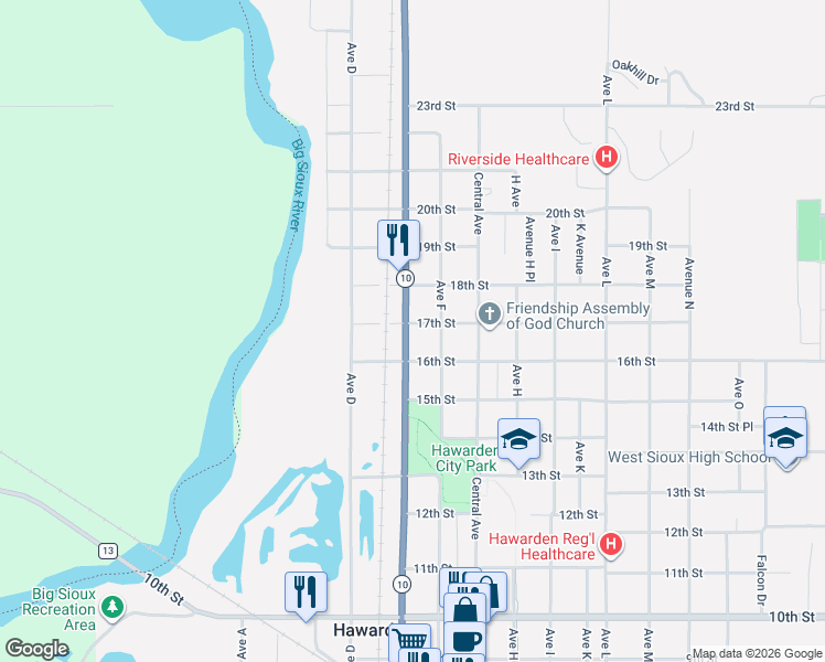 map of restaurants, bars, coffee shops, grocery stores, and more near 500 17th Street in Hawarden