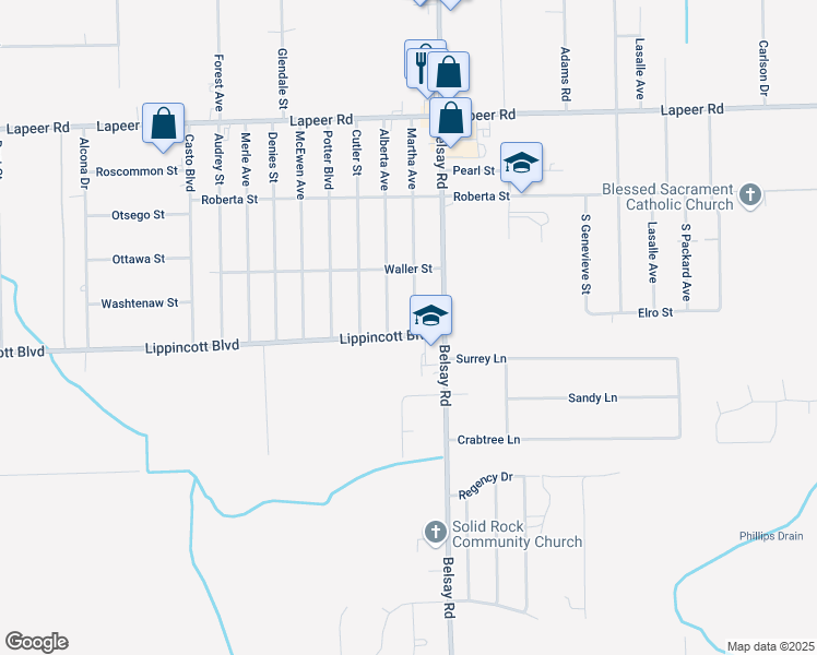 map of restaurants, bars, coffee shops, grocery stores, and more near 1510 Martha Avenue in Burton
