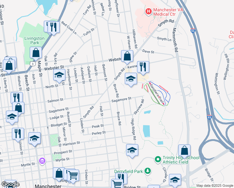 map of restaurants, bars, coffee shops, grocery stores, and more near 245 Bruce Road in Manchester