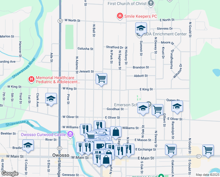 map of restaurants, bars, coffee shops, grocery stores, and more near 701 North Park Street in Owosso