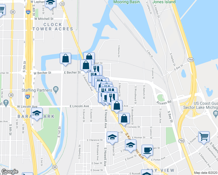 map of restaurants, bars, coffee shops, grocery stores, and more near 2149 South Allis Street in Milwaukee