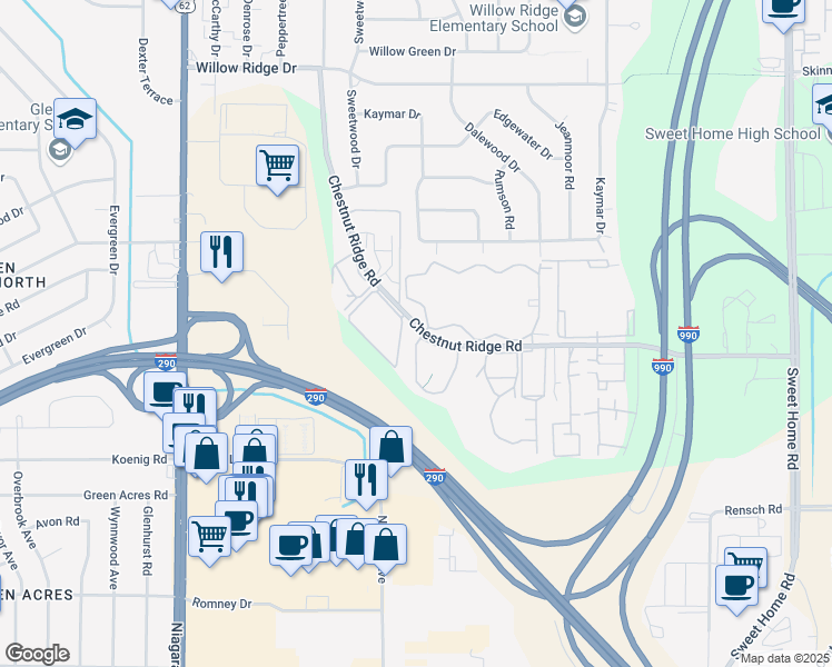 map of restaurants, bars, coffee shops, grocery stores, and more near 4393 Chestnut Ridge Road in Buffalo