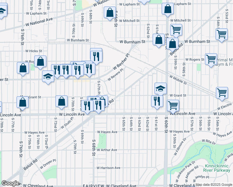 map of restaurants, bars, coffee shops, grocery stores, and more near 2190 South 66th Street in West Allis