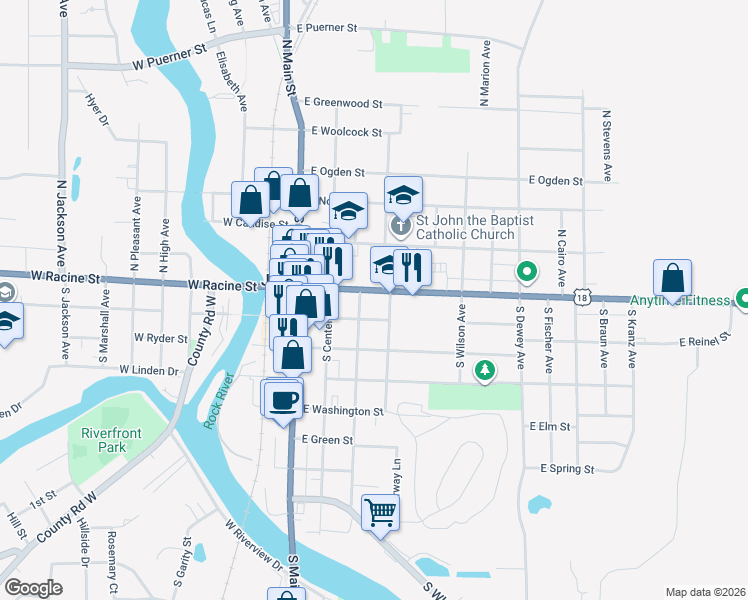 map of restaurants, bars, coffee shops, grocery stores, and more near 103 Whitewater Avenue in Jefferson