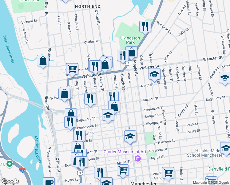 map of restaurants, bars, coffee shops, grocery stores, and more near 334 Walnut Street in Manchester
