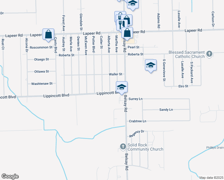 map of restaurants, bars, coffee shops, grocery stores, and more near 1510 Martha Avenue in Burton