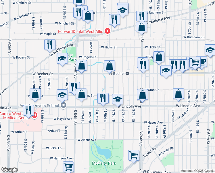 map of restaurants, bars, coffee shops, grocery stores, and more near 2156 South 80th Street in West Allis