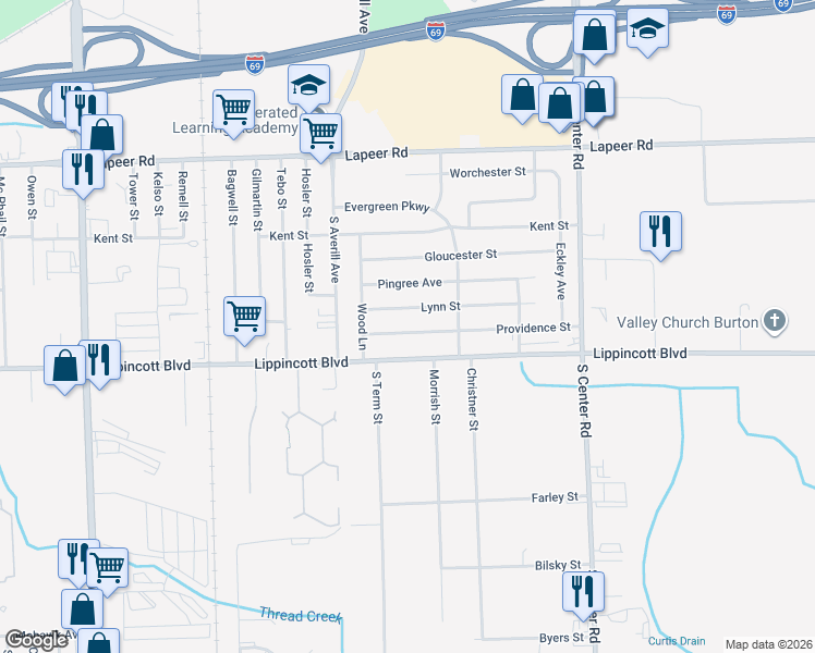 map of restaurants, bars, coffee shops, grocery stores, and more near 3601 Providence Street in Flint