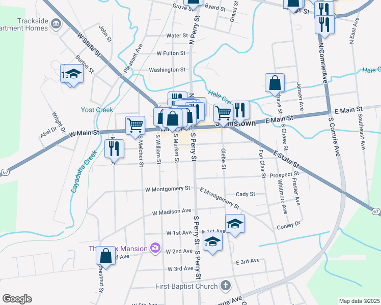 map of restaurants, bars, coffee shops, grocery stores, and more near 41 South Perry Street in Johnstown
