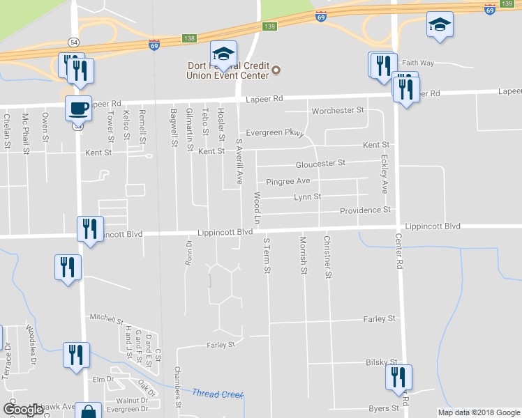 map of restaurants, bars, coffee shops, grocery stores, and more near 2027 Wood Lane in Flint
