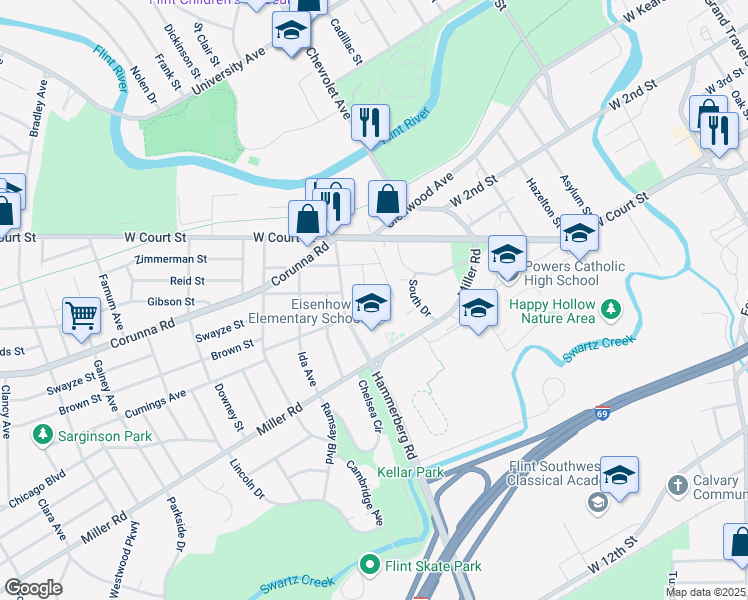 map of restaurants, bars, coffee shops, grocery stores, and more near 1109 Christopher Street in Flint