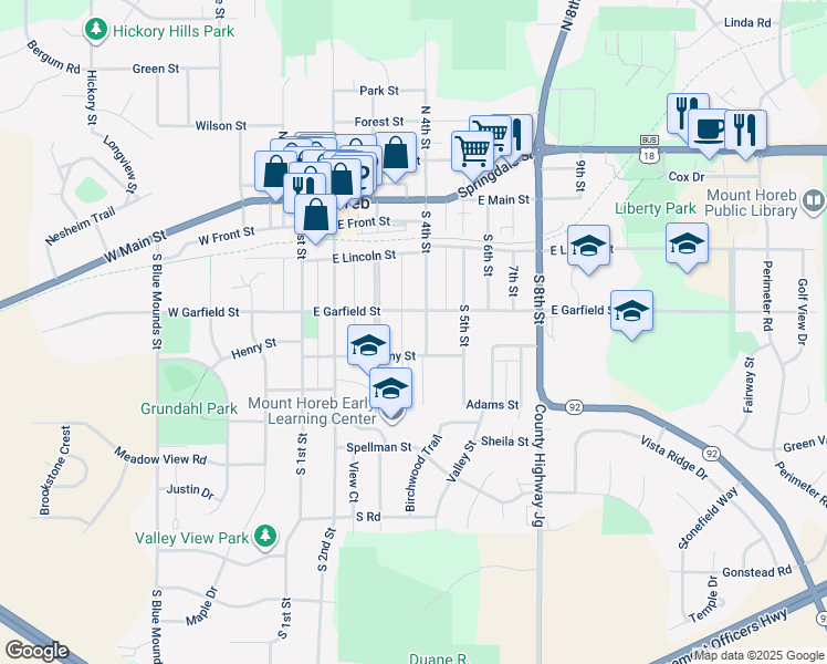 map of restaurants, bars, coffee shops, grocery stores, and more near 306 South 4th Street in Mount Horeb
