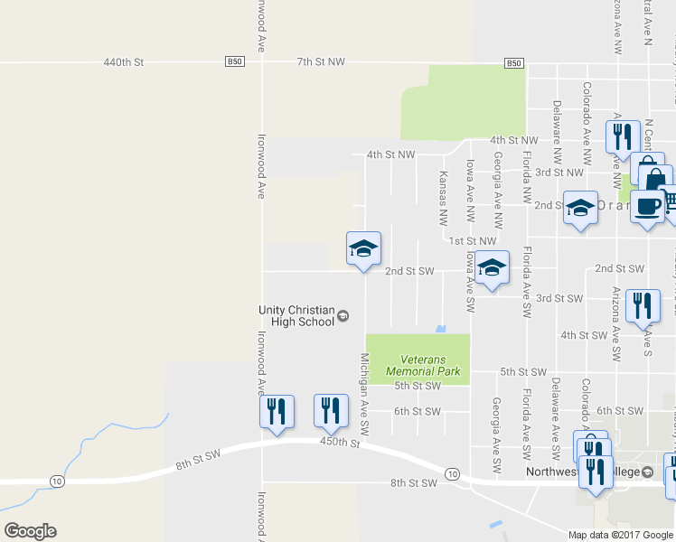 map of restaurants, bars, coffee shops, grocery stores, and more near 1107 2nd Street Southwest in Orange City