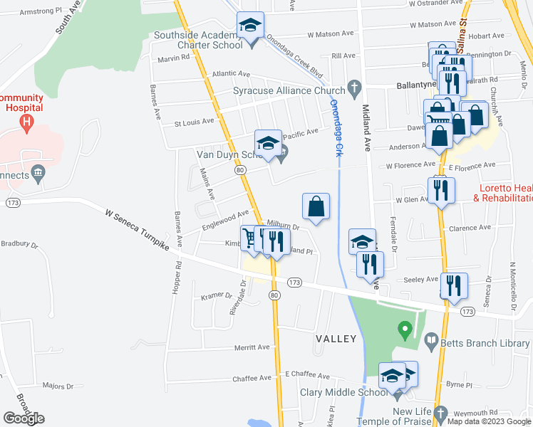 map of restaurants, bars, coffee shops, grocery stores, and more near 1309 Valley Dr in Syracuse