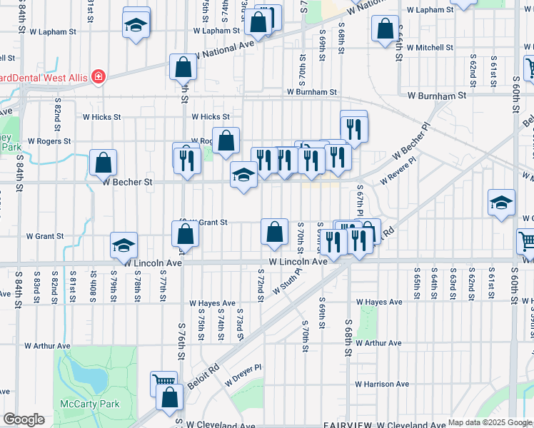 map of restaurants, bars, coffee shops, grocery stores, and more near 2159 South 71st Street in West Allis