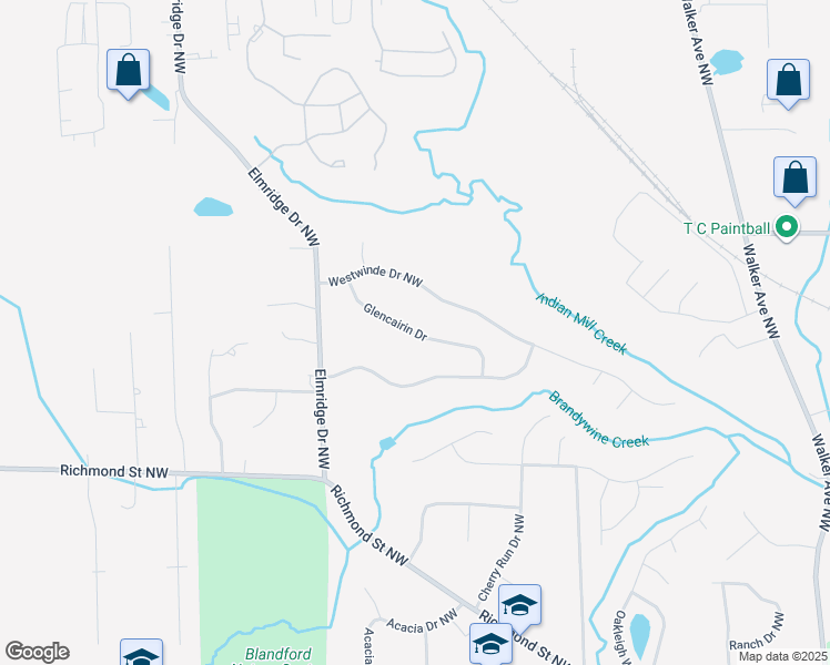 map of restaurants, bars, coffee shops, grocery stores, and more near 2641 Glencairin Drive in Grand Rapids